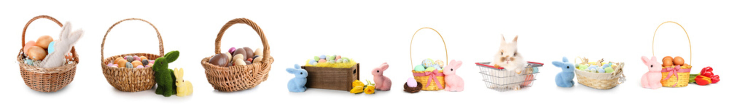 Set of Easter baskets with bunnies and eggs isolated on white