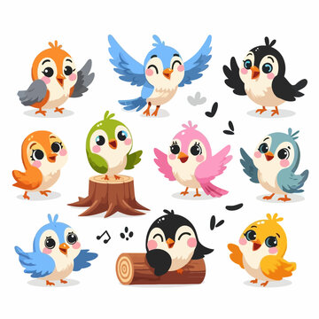 Set of cartoon funny birds