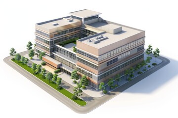 3D Render of a medical school building with anatomy labs and simulation centers, on isolated white background, Generative AI