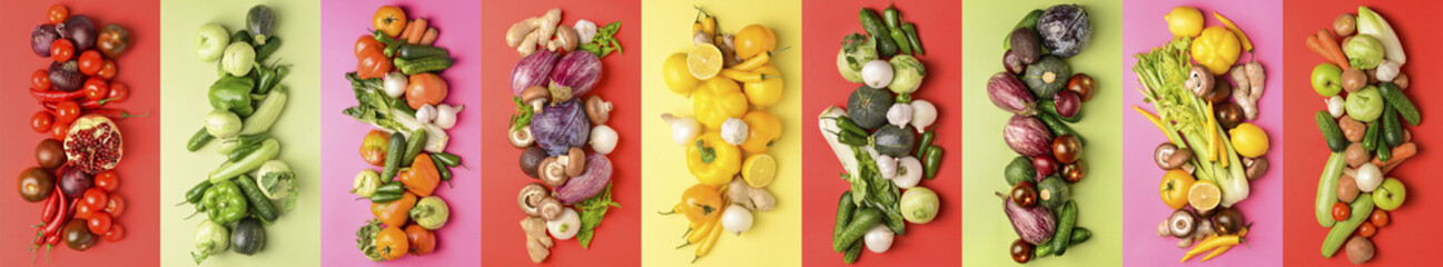 Collage of fresh vegetables on color background, top view