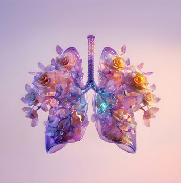 A large, rainbow colorful pair of lungs, delicate glass material, roses in place of bronchioles