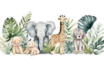 safari Watercolor illustration animals leaves tropical - obrazy, fototapety, plakaty