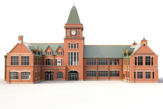3D Render of a traditional red-brick school building with a clock tower and green courtyard, on isolated white background, Generative AI