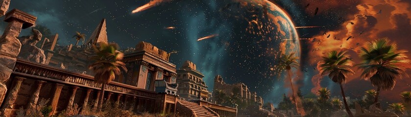 Comet streaking over ancient ruins revealing a hidden mafia underworld - obrazy, fototapety, plakaty