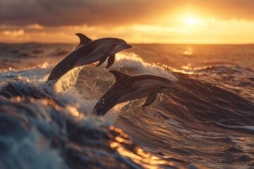 Fototapeta premium The spectacle of a pair of dolphins leaping joyfully from the ocean waves at dawn.