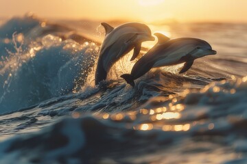 The spectacle of a pair of dolphins leaping joyfully from the ocean waves at dawn.