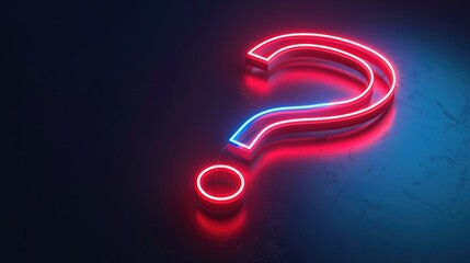 Vibrant 3D Render of Neon Question Mark Sign on Dark Background, blue and red colors, isometric view, minimalistic design, ppt background