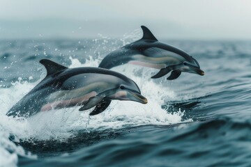 The spectacle of a pair of dolphins leaping joyfully from the ocean waves at dawn.