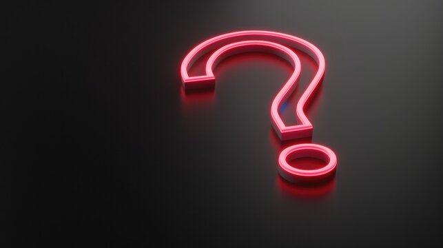 Illuminated Mystery: Captivating 3D Render of a Question Mark, 3d render of glowing question mark on black background, neon light red and blue colors, minimalistic design, ppt background