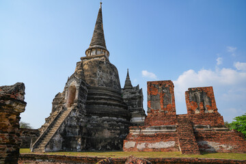 Fototapeta premium Wat Phra Si Sanphet One of the World Heritage Sites of Ayutthaya Province, Thailand, built in 1492, currently remaining in condition as seen in the picture, taken on 23-02-2024.