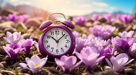 Spring forward, idea of an alarm clock amongst blossoming crocuses. Daylight saving time, the arrival of spring blossoms, and the shift in time. Daylight savings time: an hour is lost - obrazy, fototapety, plakaty