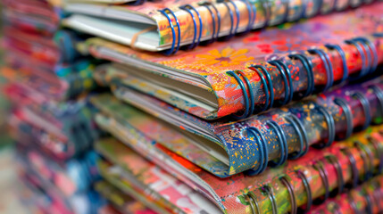 Closeup of colorful spiral notebooks.
