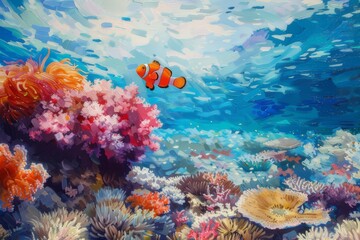 Naklejka na ściany i meble An image of a lively cartoon fish. Coral reefs with a variety of marine life