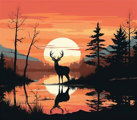 Deer Forest Mountain Sunset Oil Painting Background With Generative AI