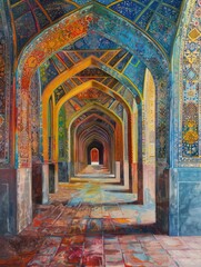 abstract oil painting with an Islamic mosque theme, featuring vivid colors