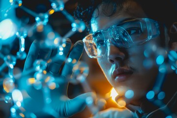 A scientist in a lab uses their hand to interact with a virtual molecular structure.