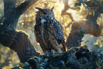 An owl perches atop an ancient oak tree at dusk.