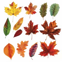Fototapeta premium Clip art of various types of autumn leaves on a white background.
