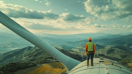 Engineer standing on wind turbine topographic,Detailed image.