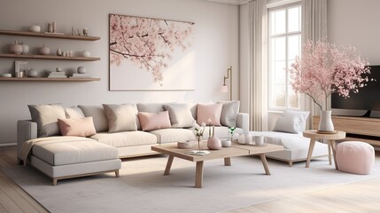 Modern sophisticated living room interior composition inspired with scandinavian elegance 
