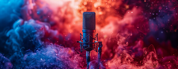 Condenser microphone with a gradient of blue and red mist in a moody studio setting