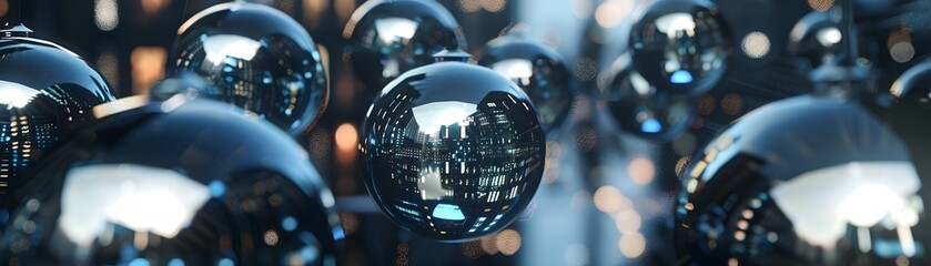 Glossy Black Spheres Reflect Urban Cityscapes in a Surreal Display of Floating Orbs - obrazy, fototapety, plakaty
