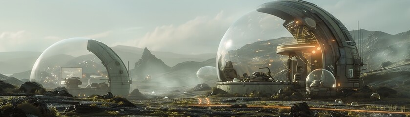 Industrial Alien Base: Protected Futuristic Military Compound with Translucent Dome Shield and Advanced Technology - obrazy, fototapety, plakaty