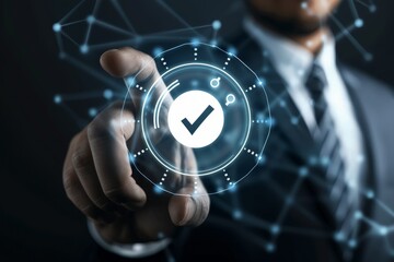 Man in suit touches button on virtual interface to confirm service assurance. Image represents quality assurance management through digital transformation - obrazy, fototapety, plakaty