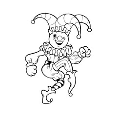 Vector black and white coloring page illustration of a funny Jester