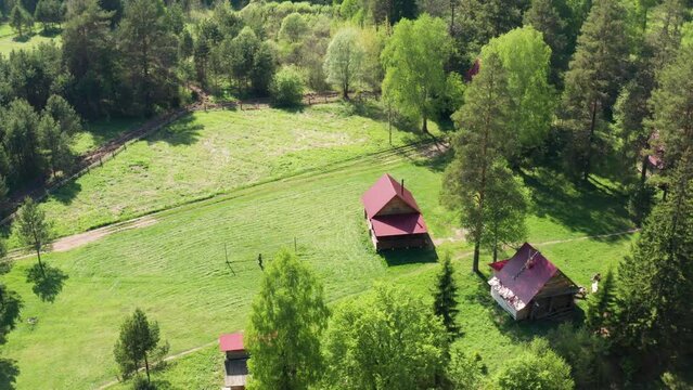 Southern Urals, Kultamak tourist base by the Zilim River. Aerial view.