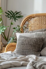 A bed with a wicker headboard adorned with pillows in a cozy room setting