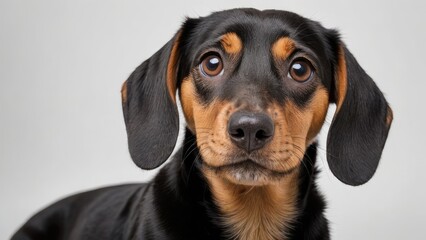 Portrait of Black and tan smooth haired dachshund dog on grey background