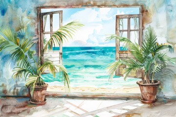 Fototapeta premium Watercolor of a beach house with open windows Scenery of the turquoise sea