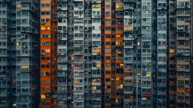 High-density residential buildings at dusk, urban housing, architectural pattern, city living concept
