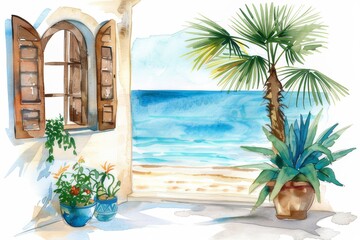 Fototapeta na wymiar Watercolor of a beach house with open windows Scenery of the turquoise sea
