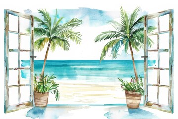 Watercolor of a beach house with open windows Scenery of the turquoise sea