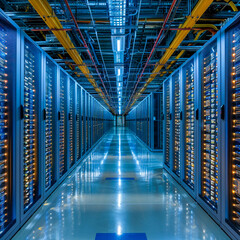 Data centers in vibrant fantasia process information acting as a digital brain - obrazy, fototapety, plakaty