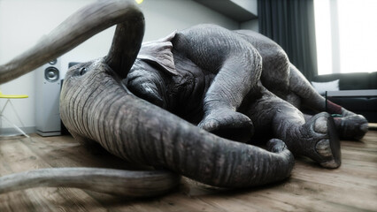 funny elephant sleeping in room. 3d rendering.