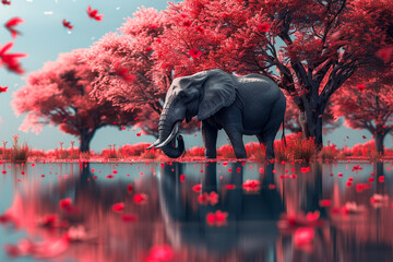 Contemplative elephant among neon trees unforgettable memories against surreal azure expanses
