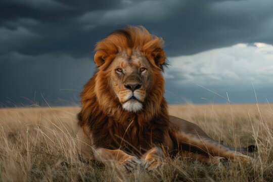 A lion lies in the grass of the savannah. In the background, a dramatic stormy sky appears.