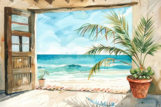 Watercolor of a beach house with open windows Scenery of the turquoise sea