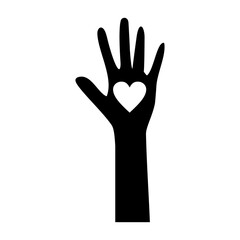 Hand silhouette isolated on white. Hands up with hearts. Heart in hand. Vector icon. Charity Silhouette icons. Volunteer Poster. Donation, Love Icons.