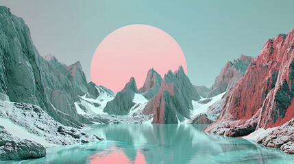 A tranquil teal pond nestled among towering mountains within the light pink circle, its crystal-clear waters reflecting the snow-capped peaks and clear blue sky above.