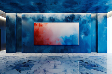 Empty wall in vivid blue, navy, and white living room with marble flooring. Ideal for modeled art.





