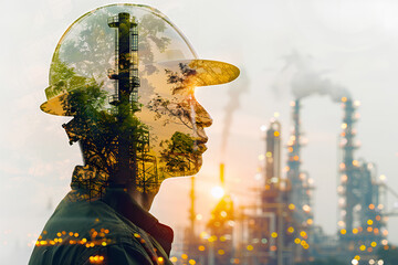 Double exposure of engineer in safety helmet with oil plant. Factory worker in work clothes
