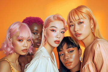 A photo of a multi ethnic group of women posing for the camera, with a beauty concept, on an orange background
