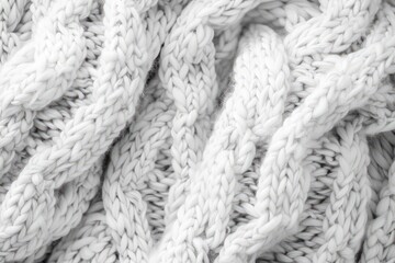 A detailed view of a white knitted blanket, showcasing the intricate texture and pattern of the fabric