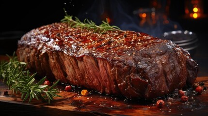 Grilled steak with melted barbeque sauce on a black and blurry background