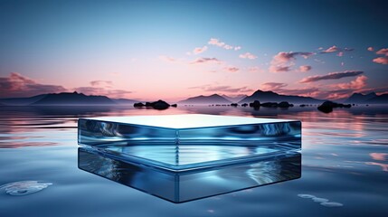 3d glass podium product stand or display with beautiful background and cinematic light, front view