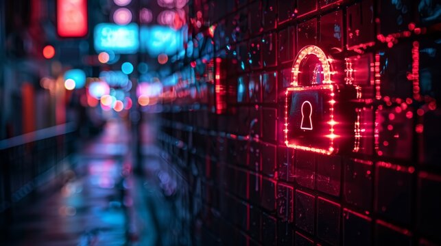 Cybersecurity concept with glowing padlock hologram on urban street at night, data protection visual metaphor.
